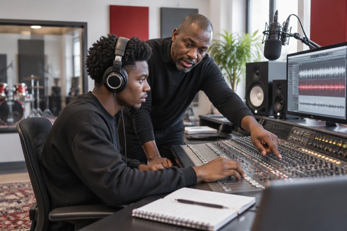 Audio educator coaching a learner at a professional mixing console