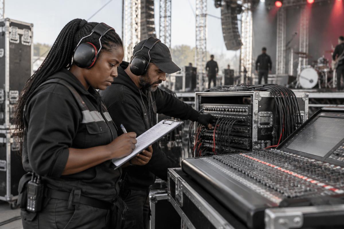Live sound professionals checking stage equipment and production systems