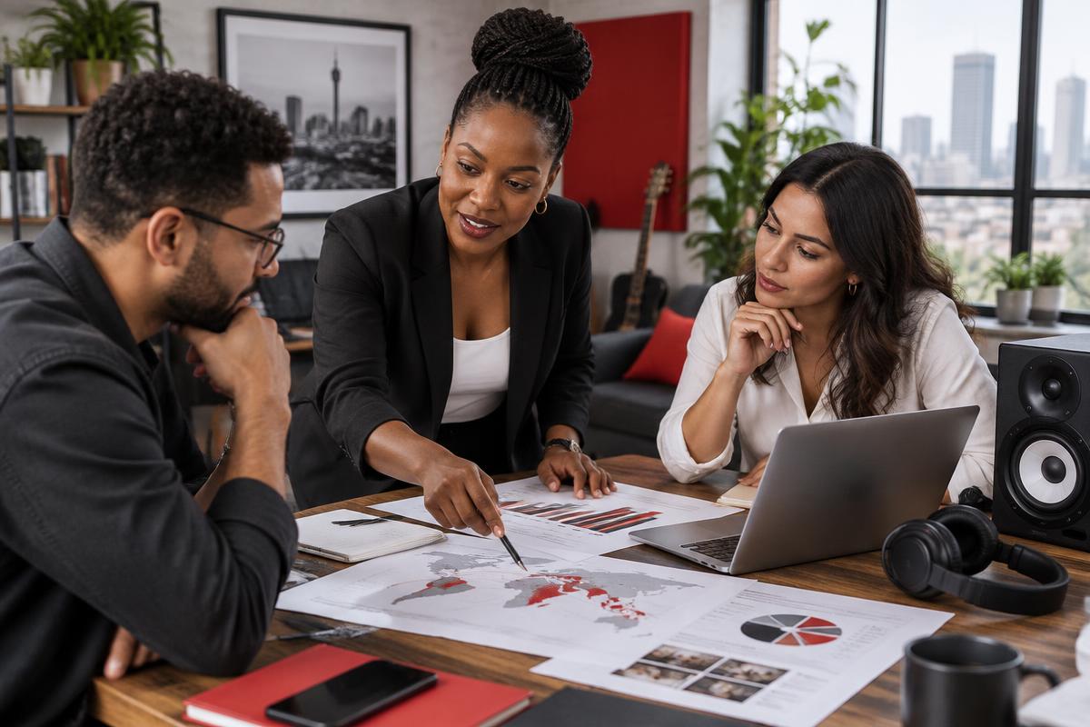 Strategy professionals reviewing market plans with audio production tools